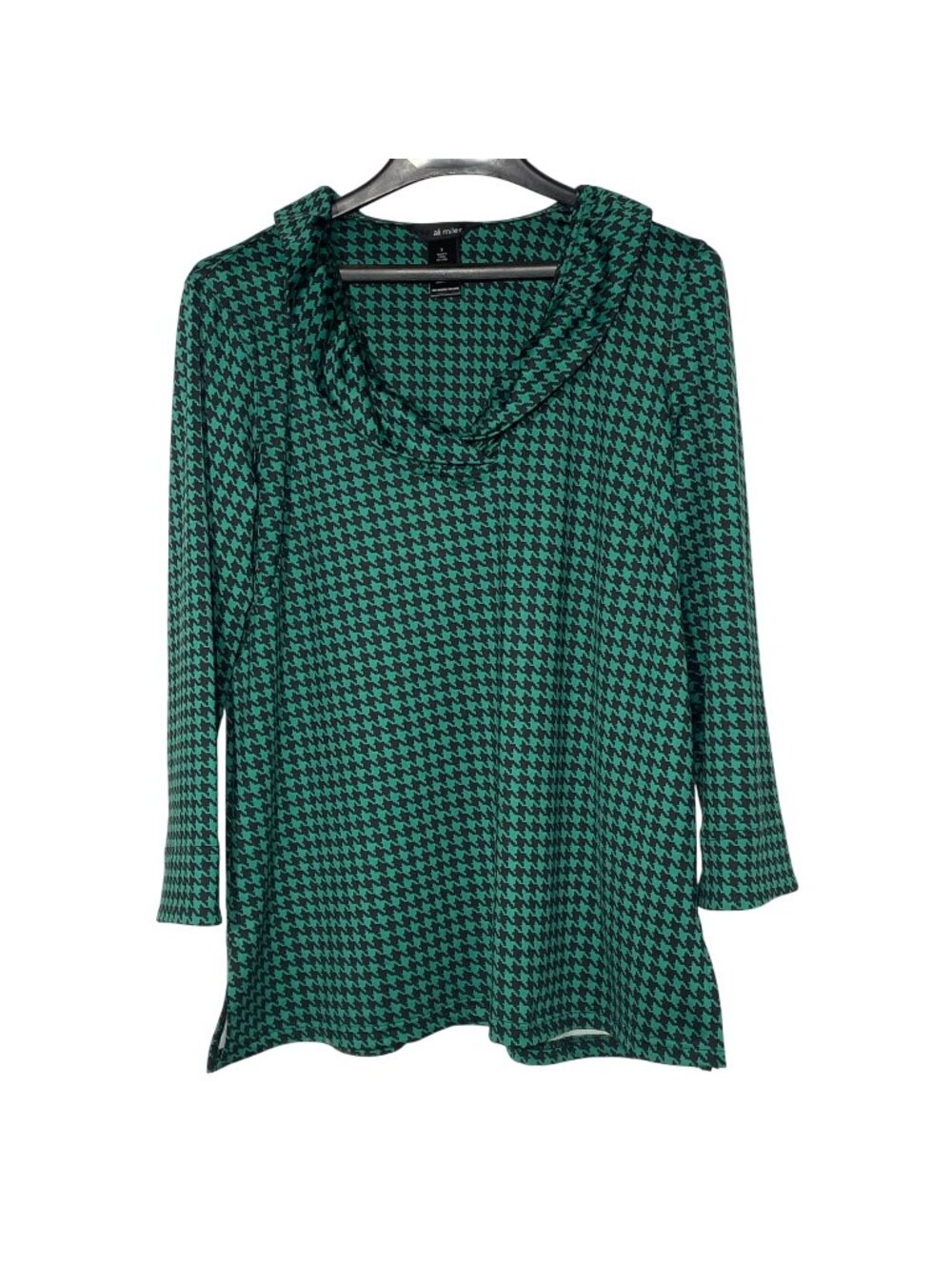 Ali Miles Houndstooth Stretch Top Blouse Collar Oversized Green Sz SM